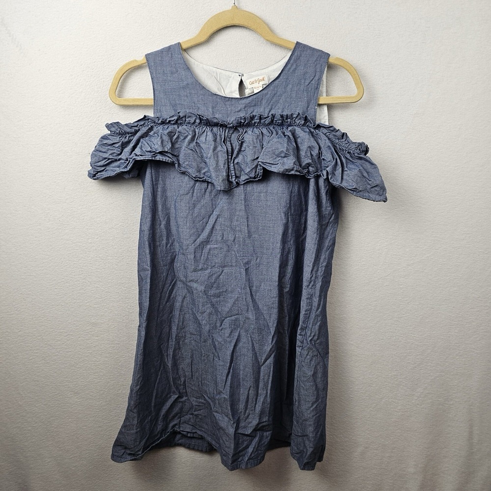 Cat & Jack Dress Girls Size XL Blue Denim Cold Shoulder Ruffle Sleeve